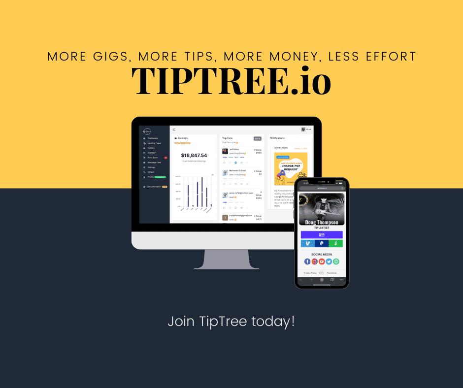 Join TipTree Today text - a bold white text on a blue background, inviting musicians to join the platform and connect with fans and earn money through live performances.